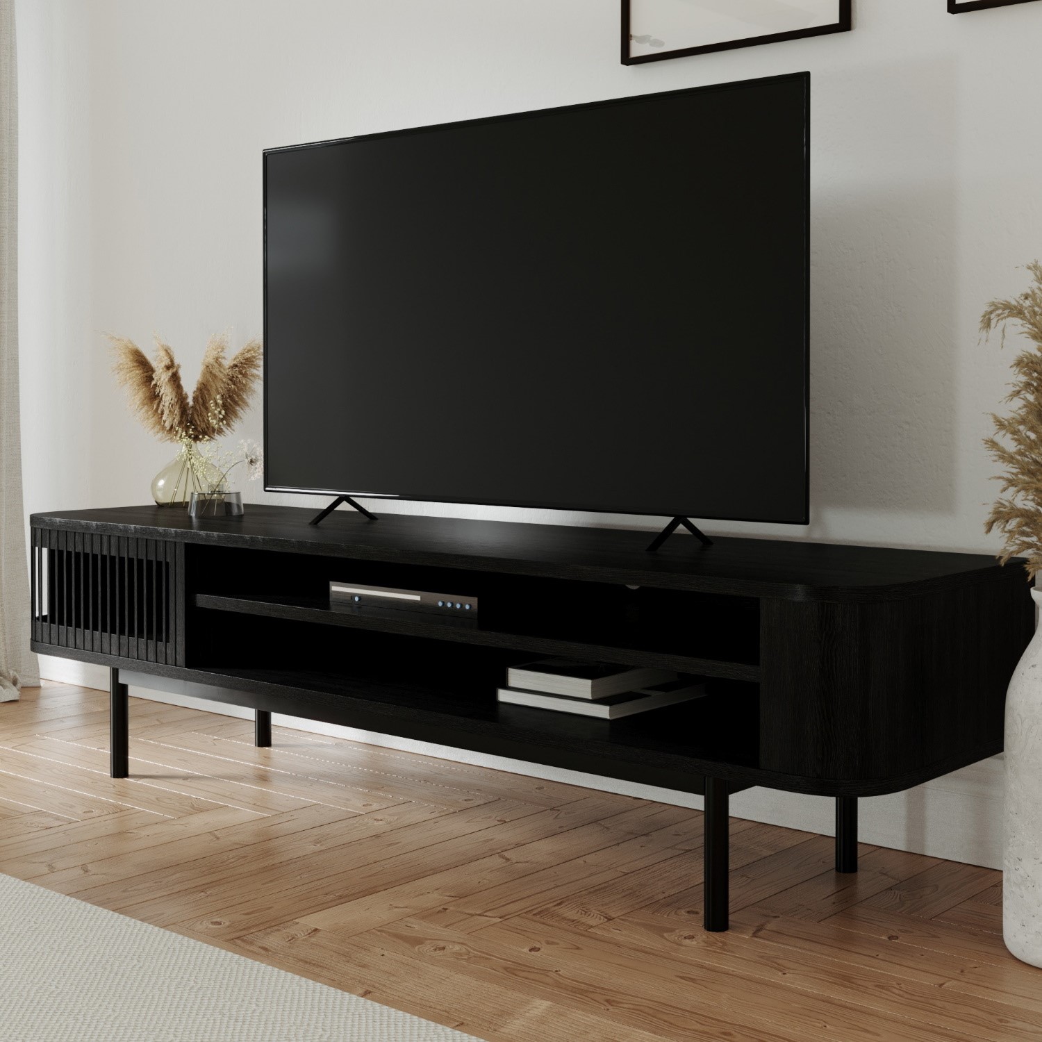 Read more about Wide black oak tv stand with storage tvs up to 77 jarel